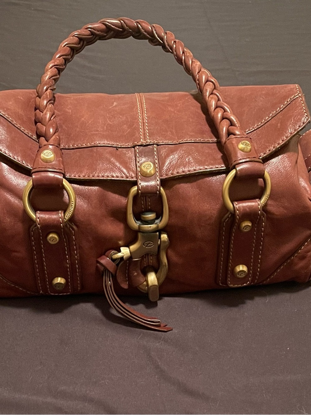 Francesco Biasia Braided-Handle Leather Shoulder Bag in Chestnut